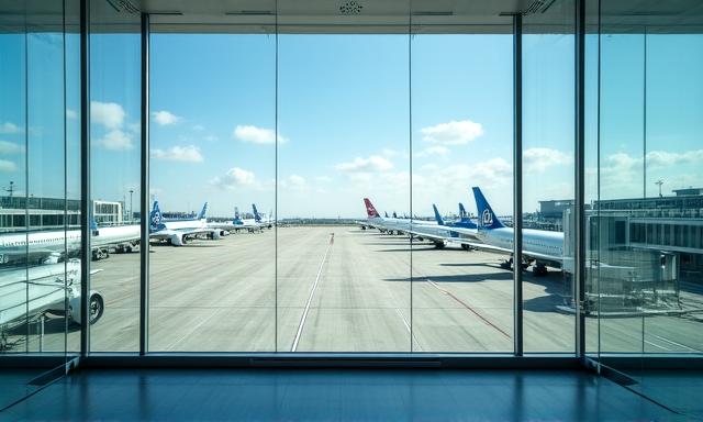 Aeropuerto con aviones y pasajeros esperando