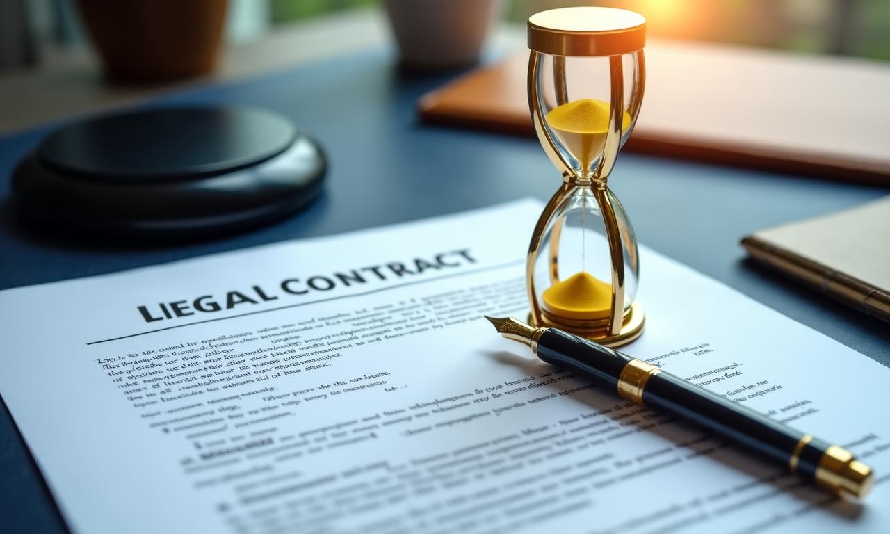 Persona revisando un contrato legal con una pluma y un reloj de arena