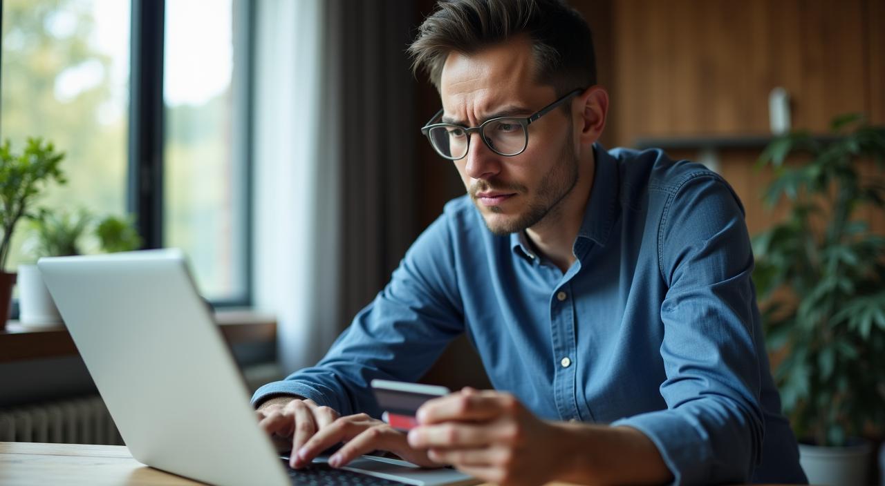 Persona preocupada revisando su computadora portátil tras una compra online fallida